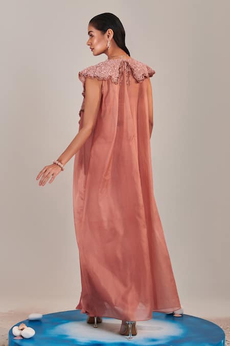 One Knot One By Ashna Pink Crepe, Silk Satin Sequins Sweetheart Wave Embroidered Cape Draped Skirt Set Online at Aza Fashions One Knot One By Ashna_Pink Crepe, Silk Satin Sequins Sweetheart Wave Embroidered Cape Draped Skirt Set _Online_at_Aza_Fashions