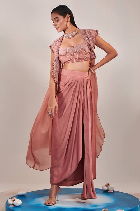 Buy One Knot One By Ashna Pink Crepe, Silk Satin Sequins Sweetheart Wave Embroidered Cape Draped Skirt Set Online at Aza Fashions Buy_One Knot One By Ashna_Pink Crepe, Silk Satin Sequins Sweetheart Wave Embroidered Cape Draped Skirt Set _Online_at_Aza_Fashions