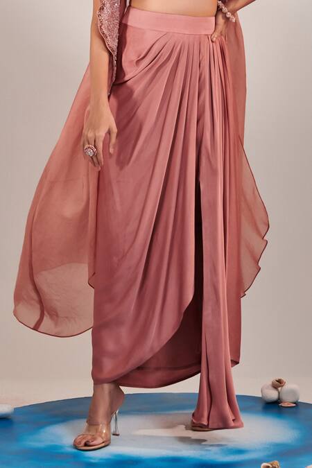 Shop One Knot One By Ashna Pink Crepe, Silk Satin Sequins Sweetheart Wave Embroidered Cape Draped Skirt Set Online at Aza Fashions Shop_One Knot One By Ashna_Pink Crepe, Silk Satin Sequins Sweetheart Wave Embroidered Cape Draped Skirt Set _Online_at_Aza_Fashions
