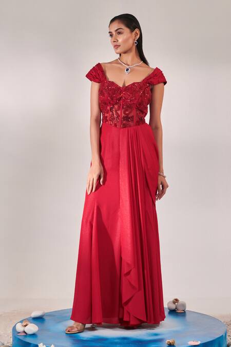 Buy_One Knot One By Ashna_Red Georgette Sequins, Cut Work Sweetheart Neck Embroidered Pleated Gown _Online_at_Aza_Fashions