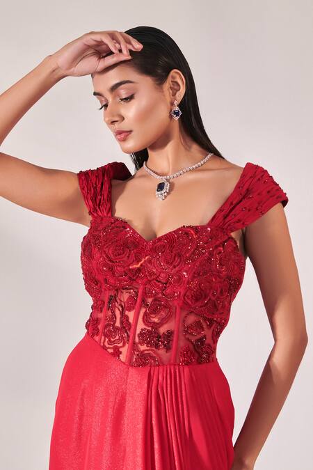 Shop_One Knot One By Ashna_Red Georgette Sequins, Cut Work Sweetheart Neck Embroidered Pleated Gown _Online_at_Aza_Fashions