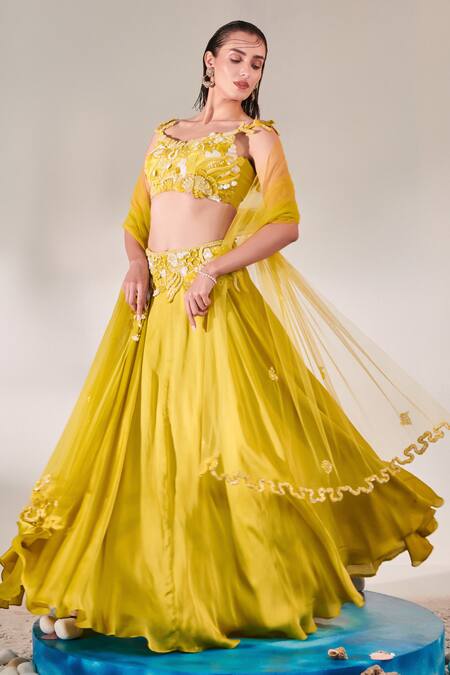 Buy One Knot One By Ashna Yellow Crepe, Tulle, Satin Floral Abstract Embroidered Blouse Lehenga Set Online at Aza Fashions Buy_One Knot One By Ashna_Yellow Crepe, Tulle, Satin Floral Abstract Embroidered Blouse Lehenga Set _Online_at_Aza_Fashions