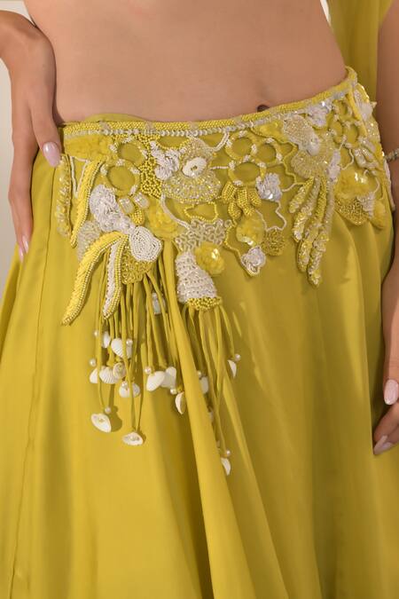 Shop One Knot One By Ashna Yellow Crepe, Tulle, Satin Floral Abstract Embroidered Blouse Lehenga Set Online at Aza Fashions Shop_One Knot One By Ashna_Yellow Crepe, Tulle, Satin Floral Abstract Embroidered Blouse Lehenga Set _Online_at_Aza_Fashions
