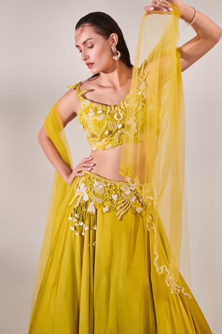 One Knot One By Ashna Yellow Crepe, Tulle, Satin Floral Abstract Embroidered Blouse Lehenga Set at Aza Fashions One Knot One By Ashna_Yellow Crepe, Tulle, Satin Floral Abstract Embroidered Blouse Lehenga Set _at_Aza_Fashions