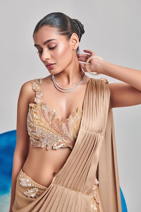 Shop_One Knot One By Ashna_Gold Chiffon, Organza, Satin Pleated Pre-draped Saree With Embellished Blouse _Online_at_Aza_Fashions