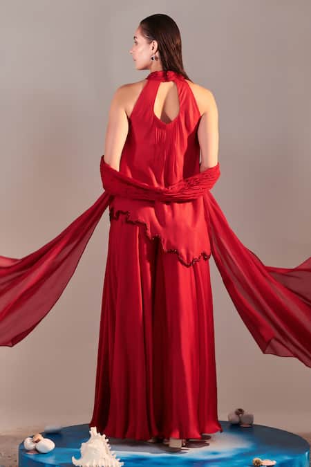 One Knot One By Ashna Red Georgette, Satin, Organza Sequins, Cut Wave Embroidered Tunic Sharara Set Online at Aza Fashions One Knot One By Ashna_Red Georgette, Satin, Organza Sequins, Cut Wave Embroidered Tunic Sharara Set _Online_at_Aza_Fashions