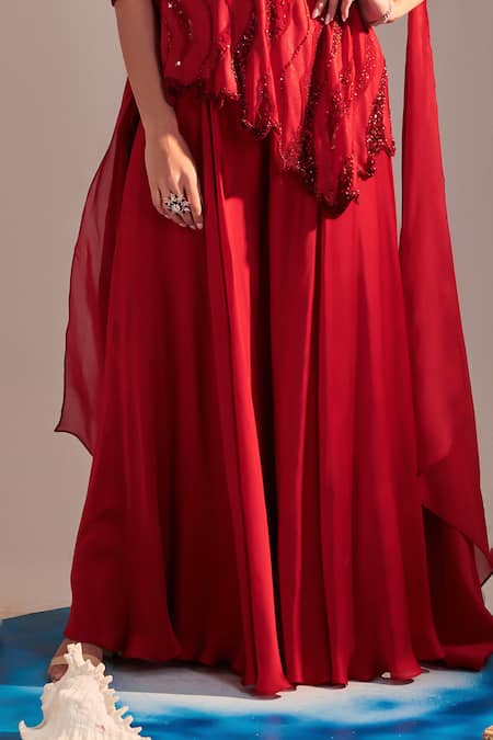 Buy One Knot One By Ashna Red Georgette, Satin, Organza Sequins, Cut Wave Embroidered Tunic Sharara Set Online at Aza Fashions Buy_One Knot One By Ashna_Red Georgette, Satin, Organza Sequins, Cut Wave Embroidered Tunic Sharara Set _Online_at_Aza_Fashions