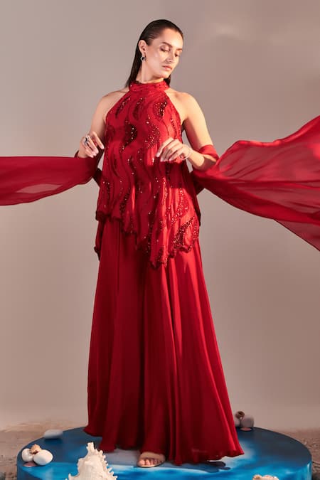 Shop One Knot One By Ashna Red Georgette, Satin, Organza Sequins, Cut Wave Embroidered Tunic Sharara Set Online at Aza Fashions Shop_One Knot One By Ashna_Red Georgette, Satin, Organza Sequins, Cut Wave Embroidered Tunic Sharara Set _Online_at_Aza_Fashions