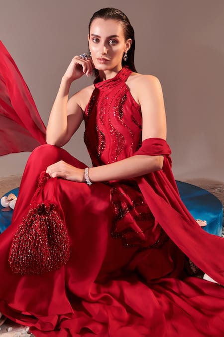 One Knot One By Ashna Red Georgette, Satin, Organza Sequins, Cut Wave Embroidered Tunic Sharara Set at Aza Fashions One Knot One By Ashna_Red Georgette, Satin, Organza Sequins, Cut Wave Embroidered Tunic Sharara Set _at_Aza_Fashions