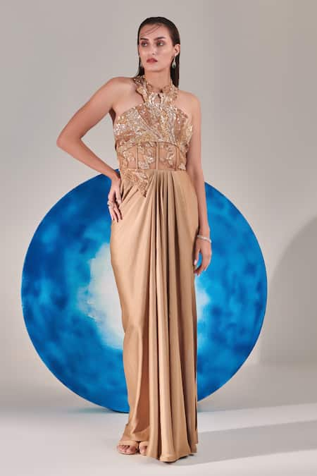 One Knot One Gold Textured Satin Chiffon Embroidered Sequins Halter Floral Applique Gown 