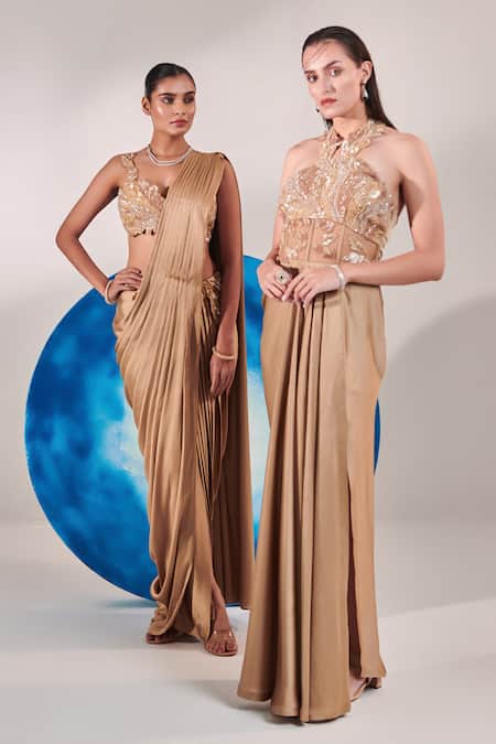 One Knot One By Ashna Gold Organza, Satin Sequins, Applique Halter Neck Floral Embroidered Gown Online at Aza Fashions One Knot One By Ashna_Gold Organza, Satin Sequins, Applique Halter Neck Floral Embroidered Gown _Online_at_Aza_Fashions