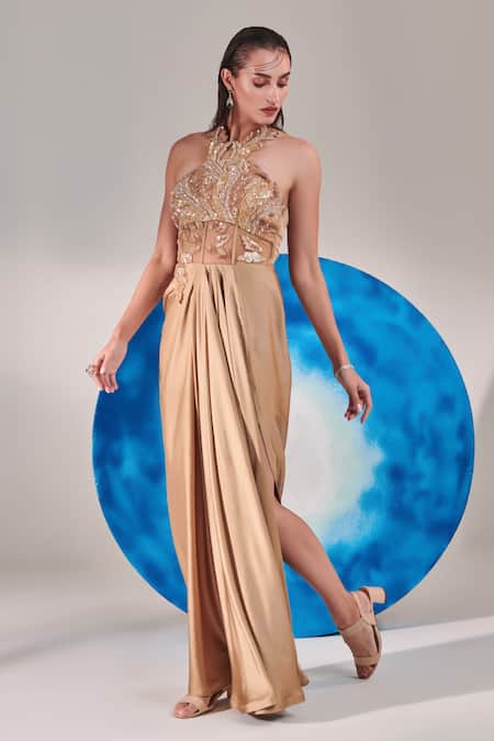 Buy One Knot One By Ashna Gold Organza, Satin Sequins, Applique Halter Neck Floral Embroidered Gown Online at Aza Fashions Buy_One Knot One By Ashna_Gold Organza, Satin Sequins, Applique Halter Neck Floral Embroidered Gown _Online_at_Aza_Fashions
