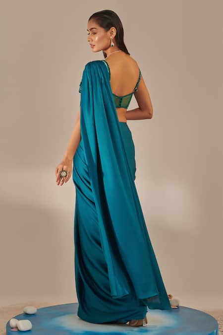 One Knot One By Ashna Blue Crepe Sequins, Cut Floral Applique Pattern Pre-draped Saree With Blouse Online at Aza Fashions One Knot One By Ashna_Blue Crepe Sequins, Cut Floral Applique Pattern Pre-draped Saree With Blouse _Online_at_Aza_Fashions