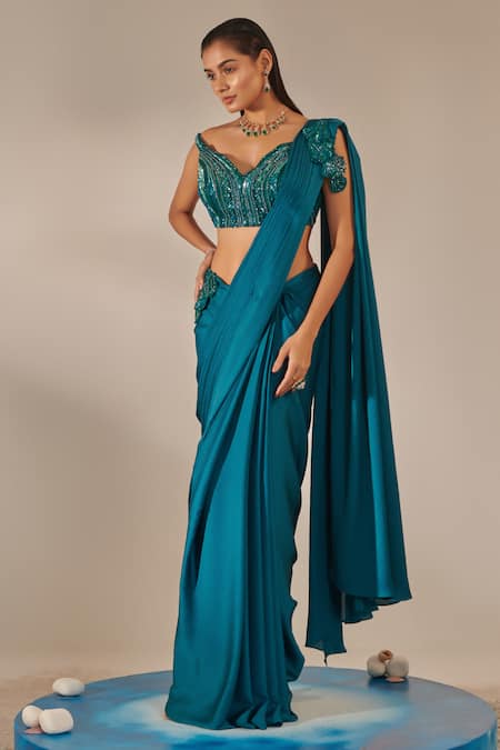 Buy One Knot One By Ashna Blue Crepe Sequins, Cut Floral Applique Pattern Pre-draped Saree With Blouse Online at Aza Fashions Buy_One Knot One By Ashna_Blue Crepe Sequins, Cut Floral Applique Pattern Pre-draped Saree With Blouse _Online_at_Aza_Fashions