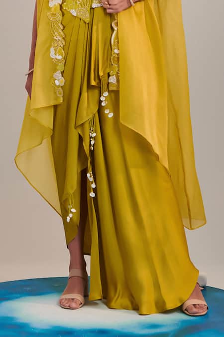 One Knot One By Ashna Yellow , Satin Cut Work, Sequins Embroidered Asymmetric Cape Skirt Set Online at Aza Fashions One Knot One By Ashna_Yellow , Satin Cut Work, Sequins Embroidered Asymmetric Cape Skirt Set _Online_at_Aza_Fashions