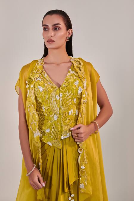 Shop One Knot One By Ashna Yellow , Satin Cut Work, Sequins Embroidered Asymmetric Cape Skirt Set Online at Aza Fashions Shop_One Knot One By Ashna_Yellow , Satin Cut Work, Sequins Embroidered Asymmetric Cape Skirt Set _Online_at_Aza_Fashions