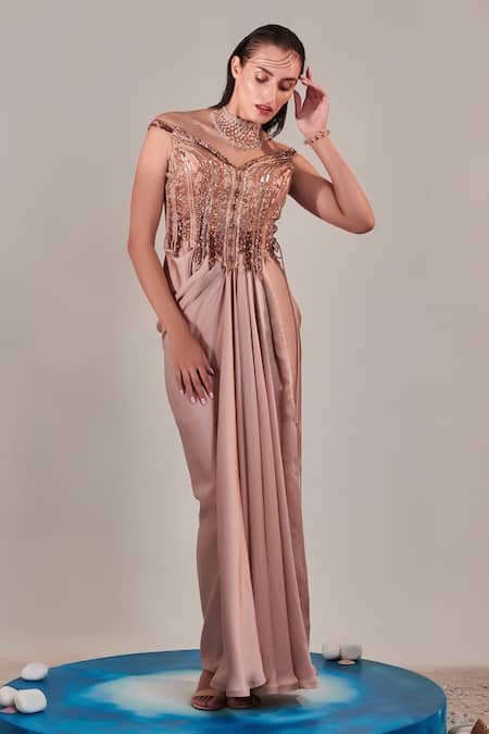 One Knot One Beige Satin Embroidered Sequins Boat Neck Applique Gown
