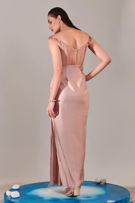 One Knot One By Ashna_Beige Satin Sequins, Cut Work Boat Neck Applique Gown _Online_at_Aza_Fashions