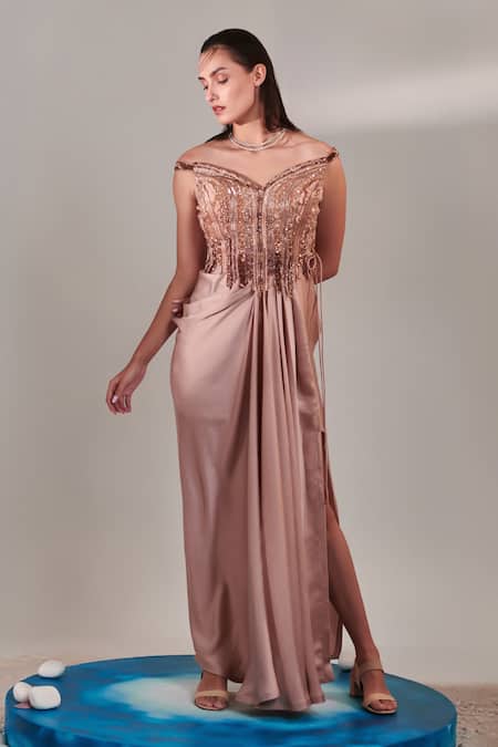Buy_One Knot One By Ashna_Beige Satin Sequins, Cut Work Boat Neck Applique Gown _Online_at_Aza_Fashions