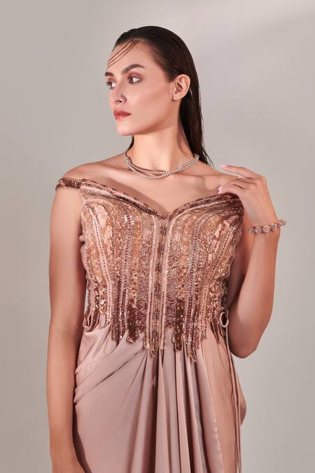 Shop_One Knot One By Ashna_Beige Satin Sequins, Cut Work Boat Neck Applique Gown _Online_at_Aza_Fashions