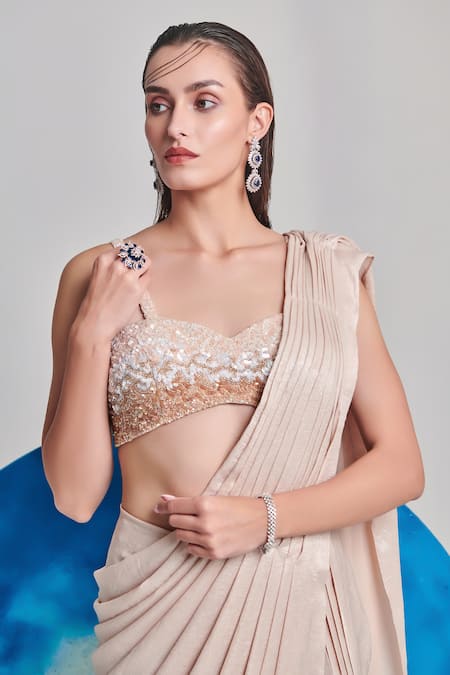 Shop One Knot One By Ashna Ivory Silk Cut Work, Sequins Sweetheart Pleated Pre-draped Saree With Blouse Online at Aza Fashions Shop_One Knot One By Ashna_Ivory Silk Cut Work, Sequins Sweetheart Pleated Pre-draped Saree With Blouse _Online_at_Aza_Fashions