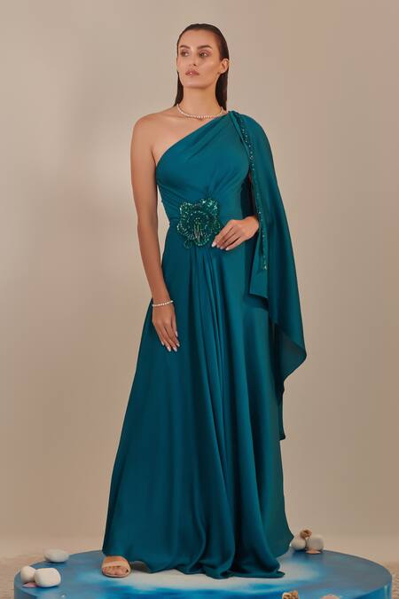 Buy One Knot One By Ashna Blue Satin Sequins, Cut Work One Shoulder Embellished Gown Online at Aza Fashions Buy_One Knot One By Ashna_Blue Satin Sequins, Cut Work One Shoulder Embellished Gown _Online_at_Aza_Fashions
