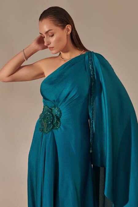 Shop One Knot One By Ashna Blue Satin Sequins, Cut Work One Shoulder Embellished Gown Online at Aza Fashions Shop_One Knot One By Ashna_Blue Satin Sequins, Cut Work One Shoulder Embellished Gown _Online_at_Aza_Fashions