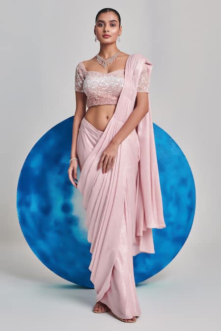 One Knot One By Ashna Pink Metallic Foil Pre-draped Saree With Gradient Embellished Blouse 