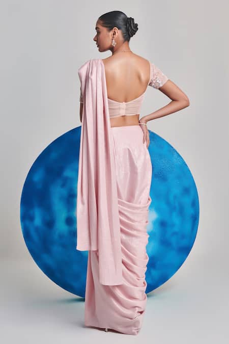 Shop One Knot One By Ashna Pink Silk Sequins, Cut Work Pre-draped Saree With Gradient Embellished Blouse at Aza Fashions Shop_One Knot One By Ashna_Pink Silk Sequins, Cut Work Pre-draped Saree With Gradient Embellished Blouse _at_Aza_Fashions