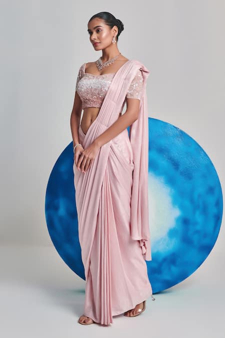 One Knot One By Ashna Pink Silk Sequins, Cut Work Pre-draped Saree With Gradient Embellished Blouse Online at Aza Fashions One Knot One By Ashna_Pink Silk Sequins, Cut Work Pre-draped Saree With Gradient Embellished Blouse _Online_at_Aza_Fashions