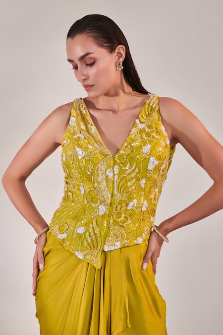 Buy One Knot One By Ashna Yellow , Satin Sequins, Cut Work V-neck Embellished Jacket With Skirt Online at Aza Fashions Buy_One Knot One By Ashna_Yellow , Satin Sequins, Cut Work V-neck Embellished Jacket With Skirt _Online_at_Aza_Fashions