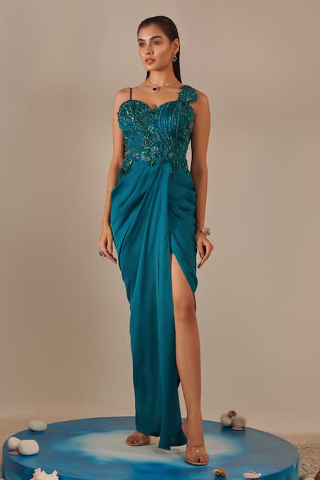 One Knot One Blue Crinkled Satin Crepe Embroidered Sequins Embellished Side Slit Gown 