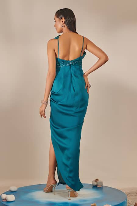 Shop One Knot One By Ashna Blue Satin Sequins, Cut Work Sweetheart Neck Embellished Side Slit Gown at Aza Fashions Shop_One Knot One By Ashna_Blue Satin Sequins, Cut Work Sweetheart Neck Embellished Side Slit Gown _at_Aza_Fashions