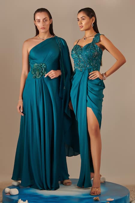 One Knot One By Ashna Blue Satin Sequins, Cut Work Sweetheart Neck Embellished Side Slit Gown Online at Aza Fashions One Knot One By Ashna_Blue Satin Sequins, Cut Work Sweetheart Neck Embellished Side Slit Gown _Online_at_Aza_Fashions