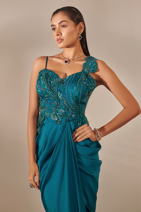 Shop One Knot One By Ashna Blue Satin Sequins, Cut Work Sweetheart Neck Embellished Side Slit Gown Online at Aza Fashions Shop_One Knot One By Ashna_Blue Satin Sequins, Cut Work Sweetheart Neck Embellished Side Slit Gown _Online_at_Aza_Fashions