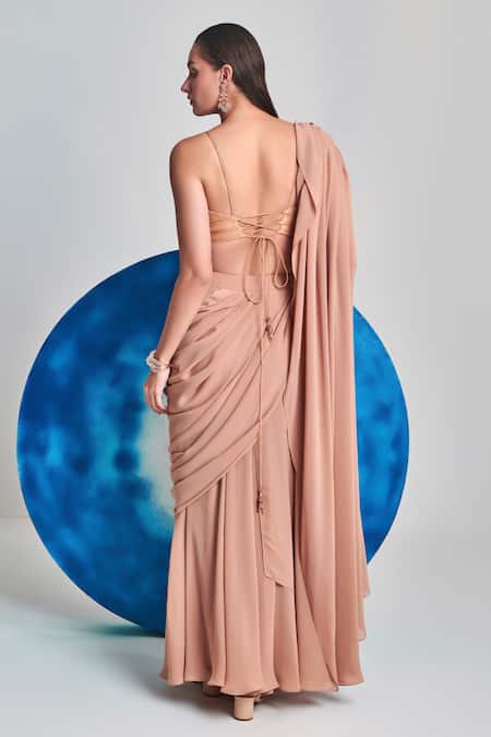 Shop One Knot One By Ashna Beige Georgette Sequins, Cut Work Placed Applique Pre-draped Saree With Blouse at Aza Fashions Shop_One Knot One By Ashna_Beige Georgette Sequins, Cut Work Placed Applique Pre-draped Saree With Blouse _at_Aza_Fashions