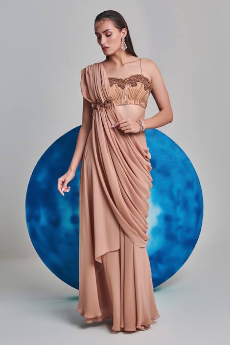 One Knot One By Ashna Beige Georgette Sequins, Cut Work Placed Applique Pre-draped Saree With Blouse Online at Aza Fashions One Knot One By Ashna_Beige Georgette Sequins, Cut Work Placed Applique Pre-draped Saree With Blouse _Online_at_Aza_Fashions