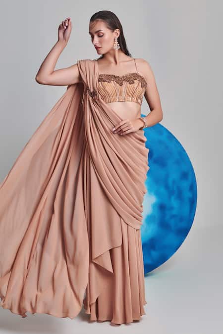 Buy One Knot One By Ashna Beige Georgette Sequins, Cut Work Placed Applique Pre-draped Saree With Blouse Online at Aza Fashions Buy_One Knot One By Ashna_Beige Georgette Sequins, Cut Work Placed Applique Pre-draped Saree With Blouse _Online_at_Aza_Fashions