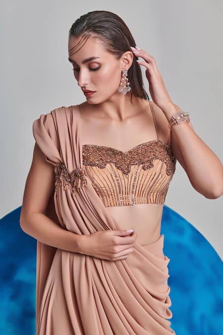 Shop One Knot One By Ashna Beige Georgette Sequins, Cut Work Placed Applique Pre-draped Saree With Blouse Online at Aza Fashions Shop_One Knot One By Ashna_Beige Georgette Sequins, Cut Work Placed Applique Pre-draped Saree With Blouse _Online_at_Aza_Fashions