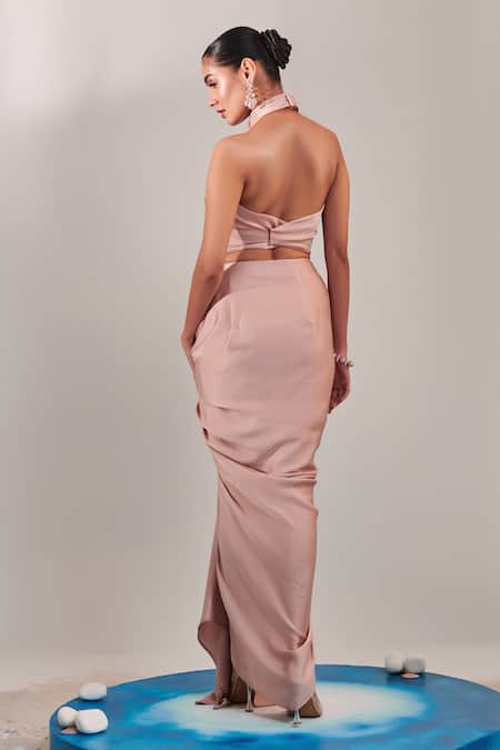 One Knot One By Ashna_Beige Satin Sequins, Cut Work Halter Embroidered Floral Top With Ruched Skirt _Online_at_Aza_Fashions