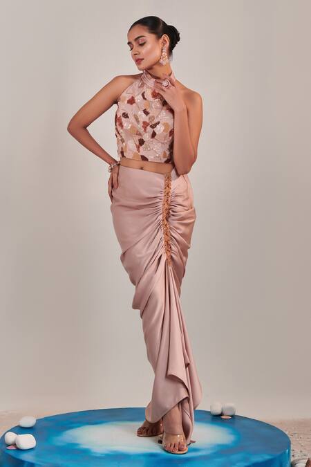 Buy One Knot One By Ashna Beige Satin Sequins, Cut Work Halter Embroidered Floral Top With Ruched Skirt Online at Aza Fashions Buy_One Knot One By Ashna_Beige Satin Sequins, Cut Work Halter Embroidered Floral Top With Ruched Skirt _Online_at_Aza_Fashions