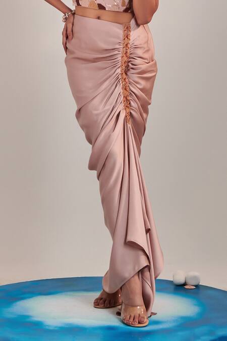 Shop One Knot One By Ashna Beige Satin Sequins, Cut Work Halter Embroidered Floral Top With Ruched Skirt Online at Aza Fashions Shop_One Knot One By Ashna_Beige Satin Sequins, Cut Work Halter Embroidered Floral Top With Ruched Skirt _Online_at_Aza_Fashions