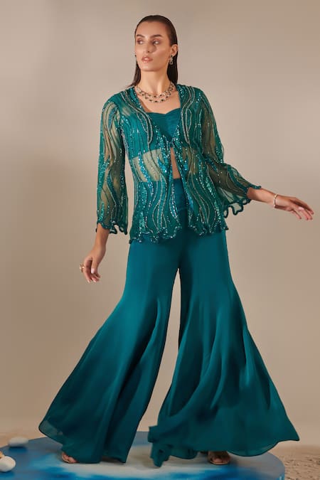 One Knot One Blue Jacket Tulle Embroidered Sequins Jacket Open Wave Sharara Set 