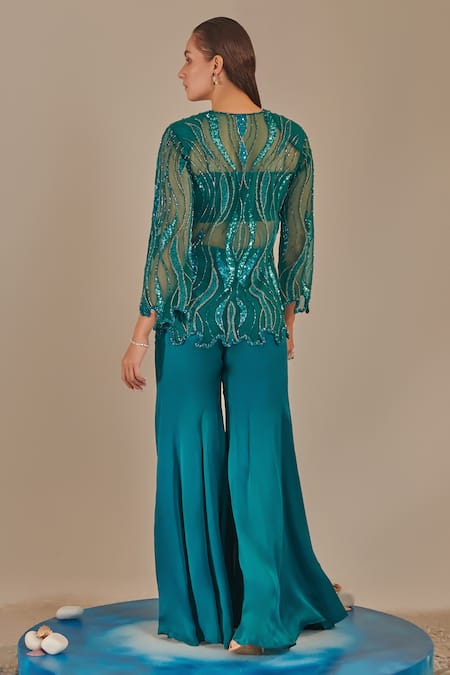 Shop One Knot One By Ashna Teal Tulle, Organza, Satin Sequins, Cut Wave Embroidered Jacket Sharara Set at Aza Fashions Shop_One Knot One By Ashna_Teal Tulle, Organza, Satin Sequins, Cut Wave Embroidered Jacket Sharara Set _at_Aza_Fashions