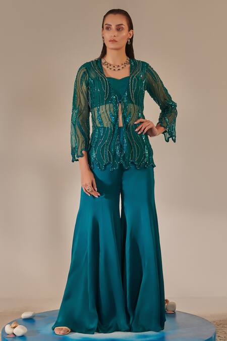 One Knot One By Ashna Teal Tulle, Organza, Satin Sequins, Cut Wave Embroidered Jacket Sharara Set Online at Aza Fashions One Knot One By Ashna_Teal Tulle, Organza, Satin Sequins, Cut Wave Embroidered Jacket Sharara Set _Online_at_Aza_Fashions