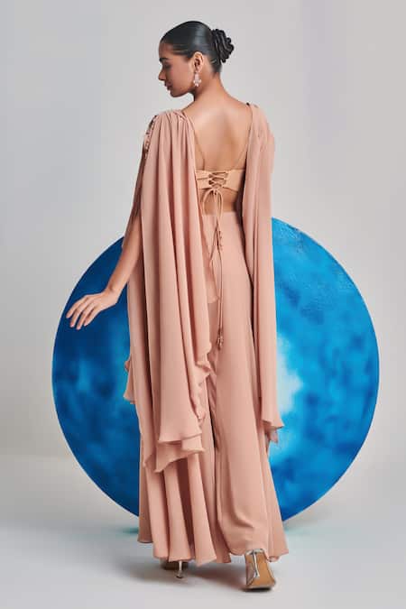 One Knot One By Ashna Beige Georgette Sequins, Cut Work Cutdana Tasselled Draped Cape Sharara Set Online at Aza Fashions One Knot One By Ashna_Beige Georgette Sequins, Cut Work Cutdana Tasselled Draped Cape Sharara Set _Online_at_Aza_Fashions