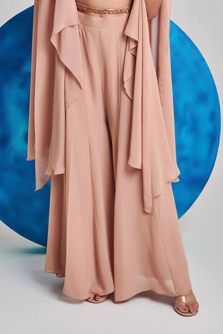 Shop One Knot One By Ashna Beige Georgette Sequins, Cut Work Cutdana Tasselled Draped Cape Sharara Set Online at Aza Fashions Shop_One Knot One By Ashna_Beige Georgette Sequins, Cut Work Cutdana Tasselled Draped Cape Sharara Set _Online_at_Aza_Fashions