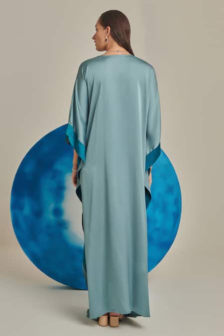 One Knot One By Ashna Green Satin Pearls, Sequins, Cut Work V-neck Embellished Applique Kaftan Online at Aza Fashions One Knot One By Ashna_Green Satin Pearls, Sequins, Cut Work V-neck Embellished Applique Kaftan _Online_at_Aza_Fashions