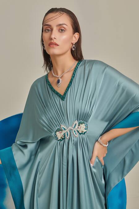 Buy One Knot One By Ashna Green Satin Pearls, Sequins, Cut Work V-neck Embellished Applique Kaftan Online at Aza Fashions Buy_One Knot One By Ashna_Green Satin Pearls, Sequins, Cut Work V-neck Embellished Applique Kaftan _Online_at_Aza_Fashions