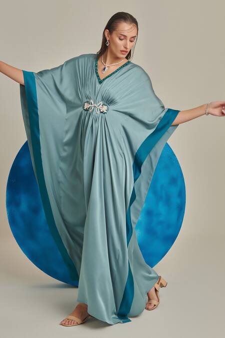 Shop One Knot One By Ashna Green Satin Pearls, Sequins, Cut Work V-neck Embellished Applique Kaftan Online at Aza Fashions Shop_One Knot One By Ashna_Green Satin Pearls, Sequins, Cut Work V-neck Embellished Applique Kaftan _Online_at_Aza_Fashions
